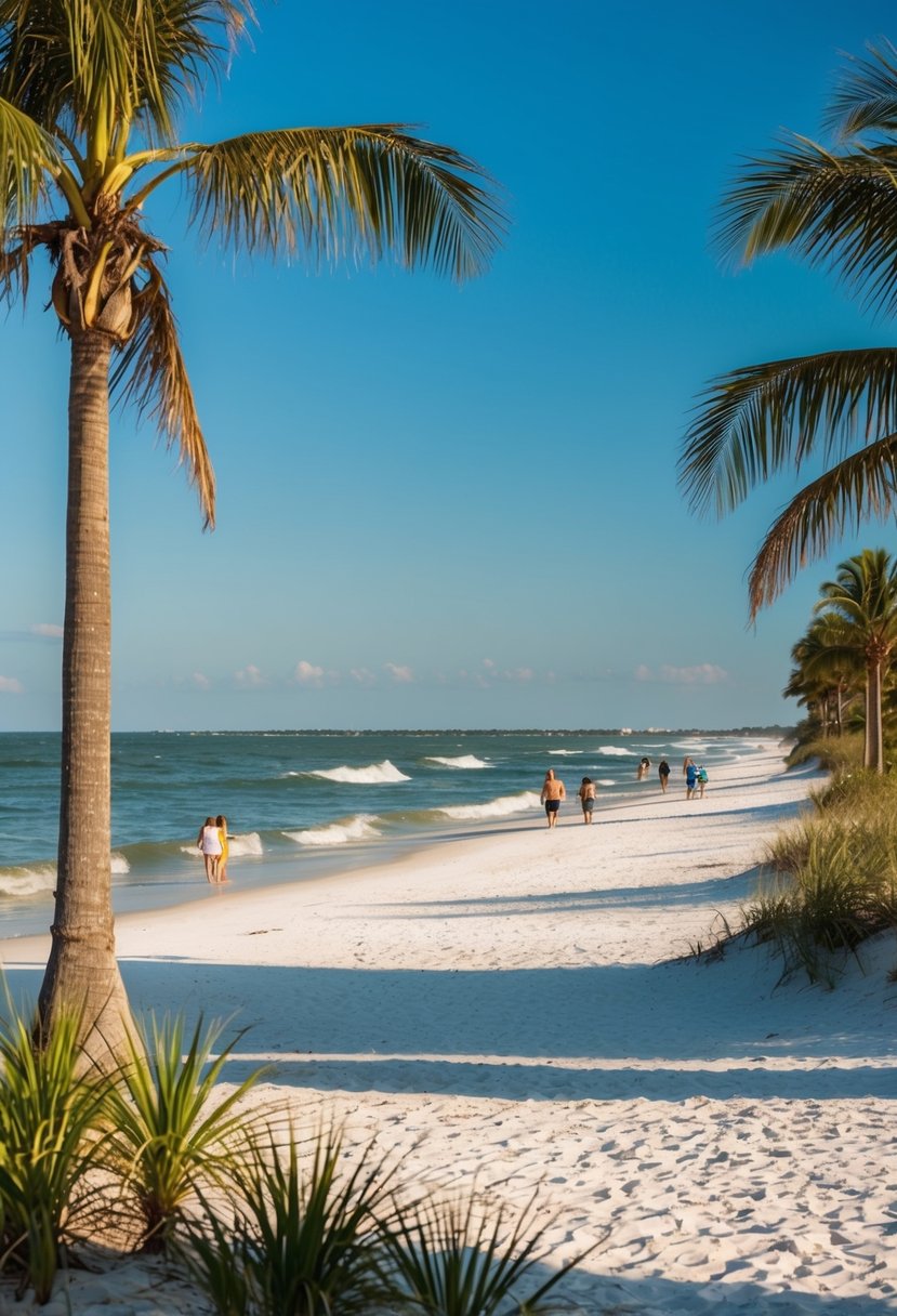 A serene beach scene with calm waves, white sandy shores, palm trees, and clear blue skies, perfect for families to enjoy on Sanibel Island, Florida