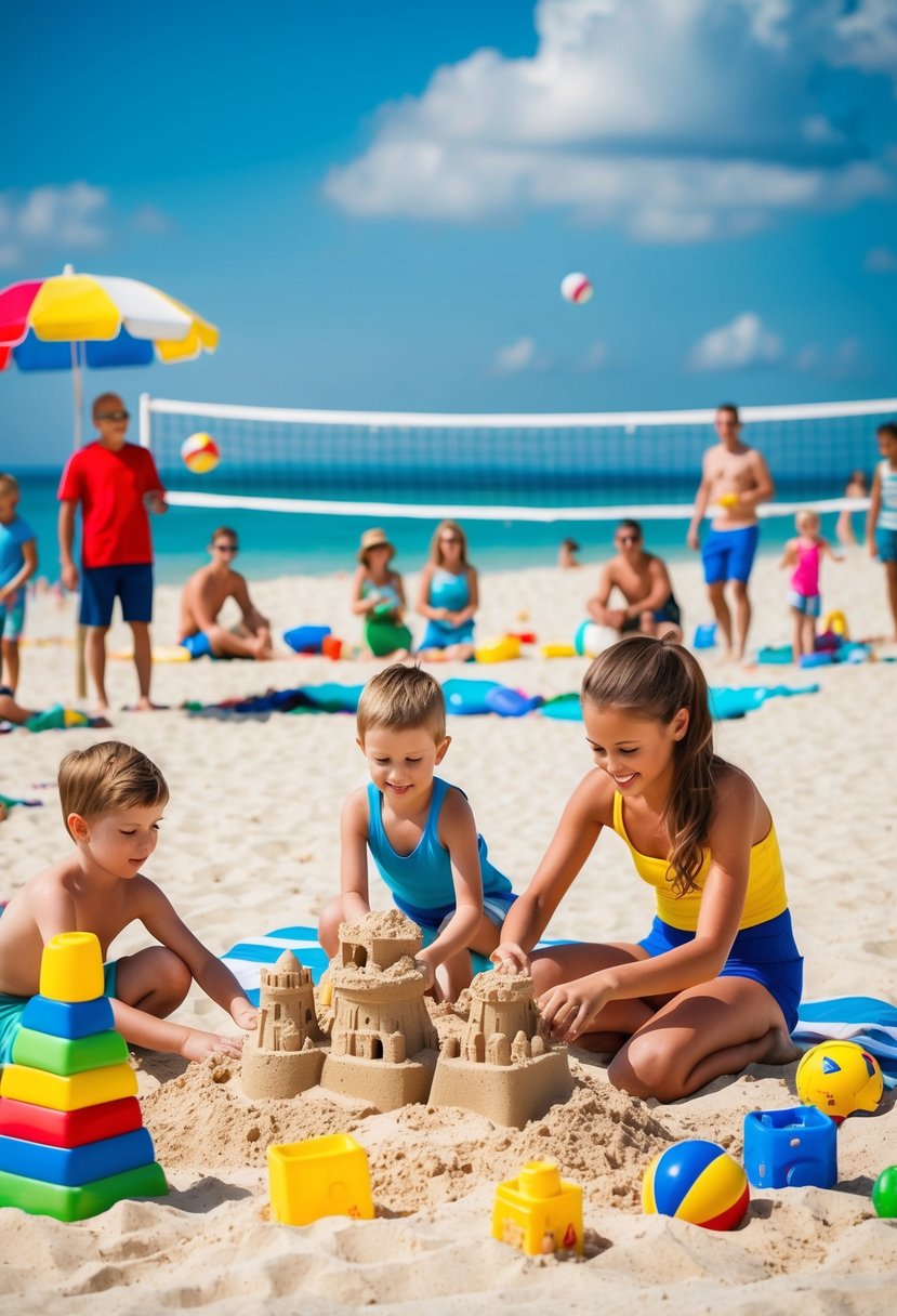 Children building sandcastles, parents playing beach volleyball, families picnicking under umbrellas, lifeguards watching over swimmers, colorful beach toys scattered in the sand