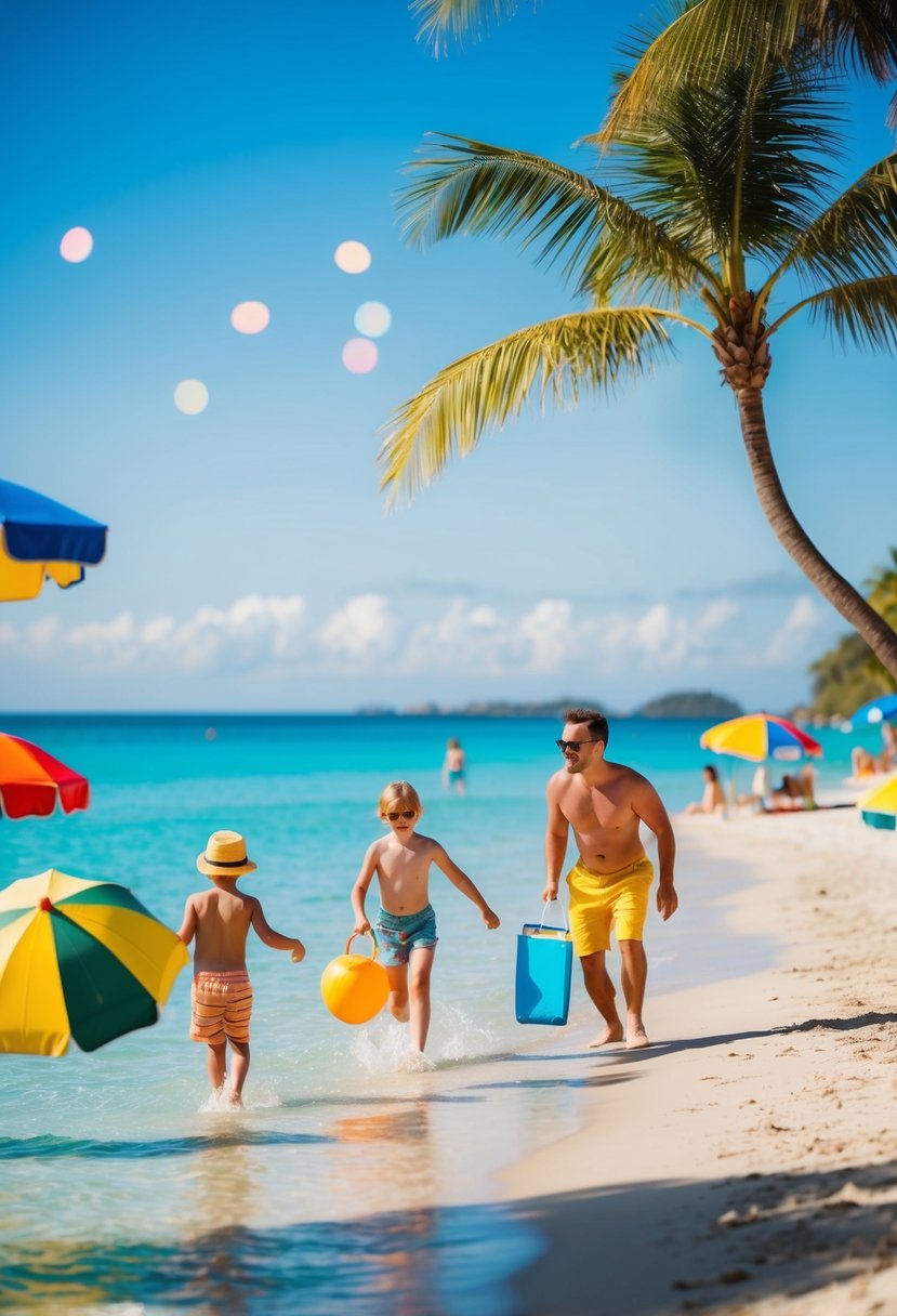 Families playing on sunny beaches, clear blue water, palm trees, and colorful beach umbrellas