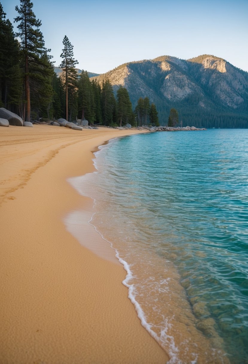 Golden sand beach at Sand Harbor, Lake Tahoe. Crystal clear waters, surrounded by pine trees and rugged mountains. A serene and picturesque paradise