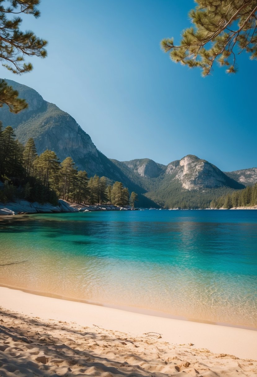 A serene cove with clear blue water, golden sand, and pine-covered mountains in the background