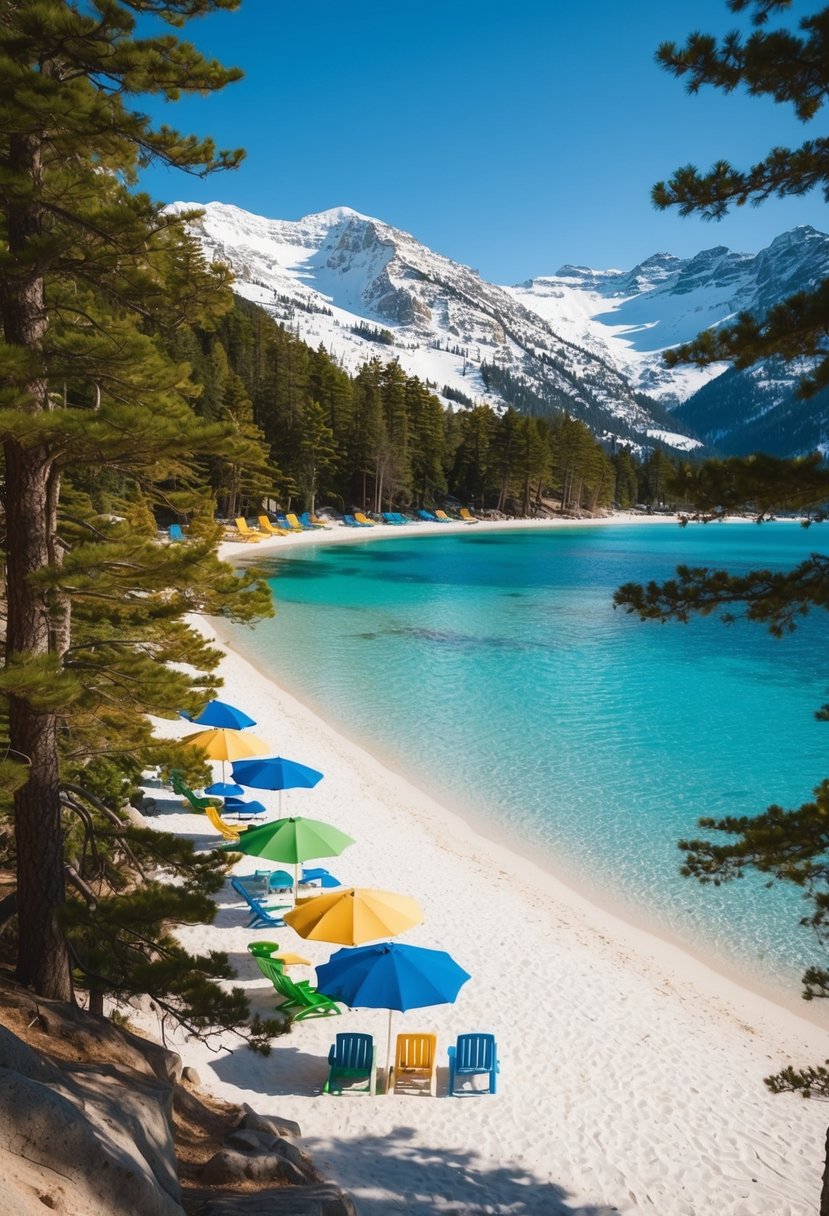 Crystal clear water, surrounded by pine trees and snow-capped mountains. White sandy beaches with colorful umbrellas and beach chairs. Sunshine and blue skies