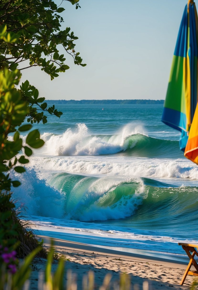 Glistening waves crash onto sandy shores, framed by lush greenery and colorful beach umbrellas. A serene, picturesque scene at Emerald Isle's top 5 beaches in NC