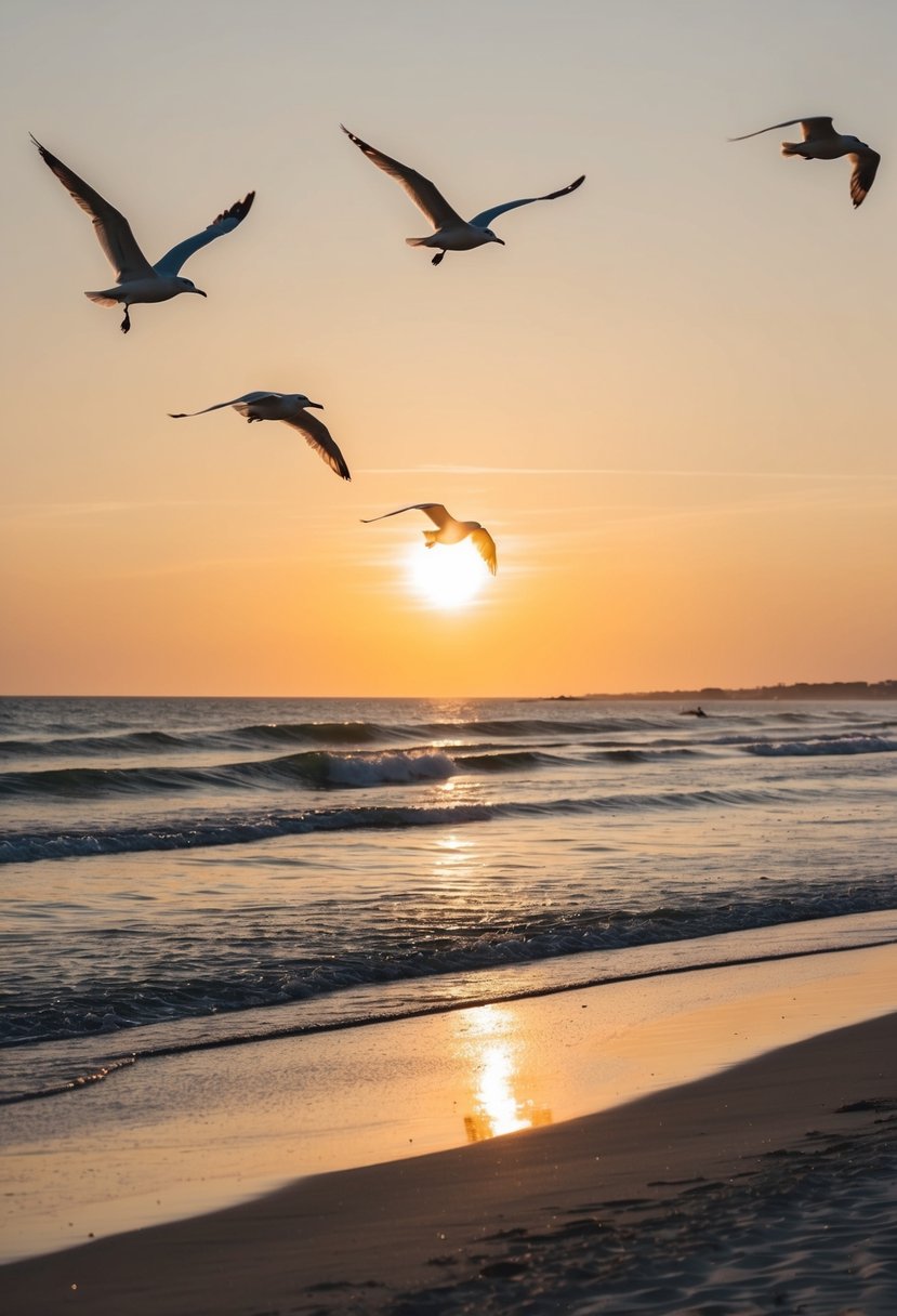 The sun sets over the sandy shore of Wrightsville Beach, with gentle waves rolling in and seagulls soaring above