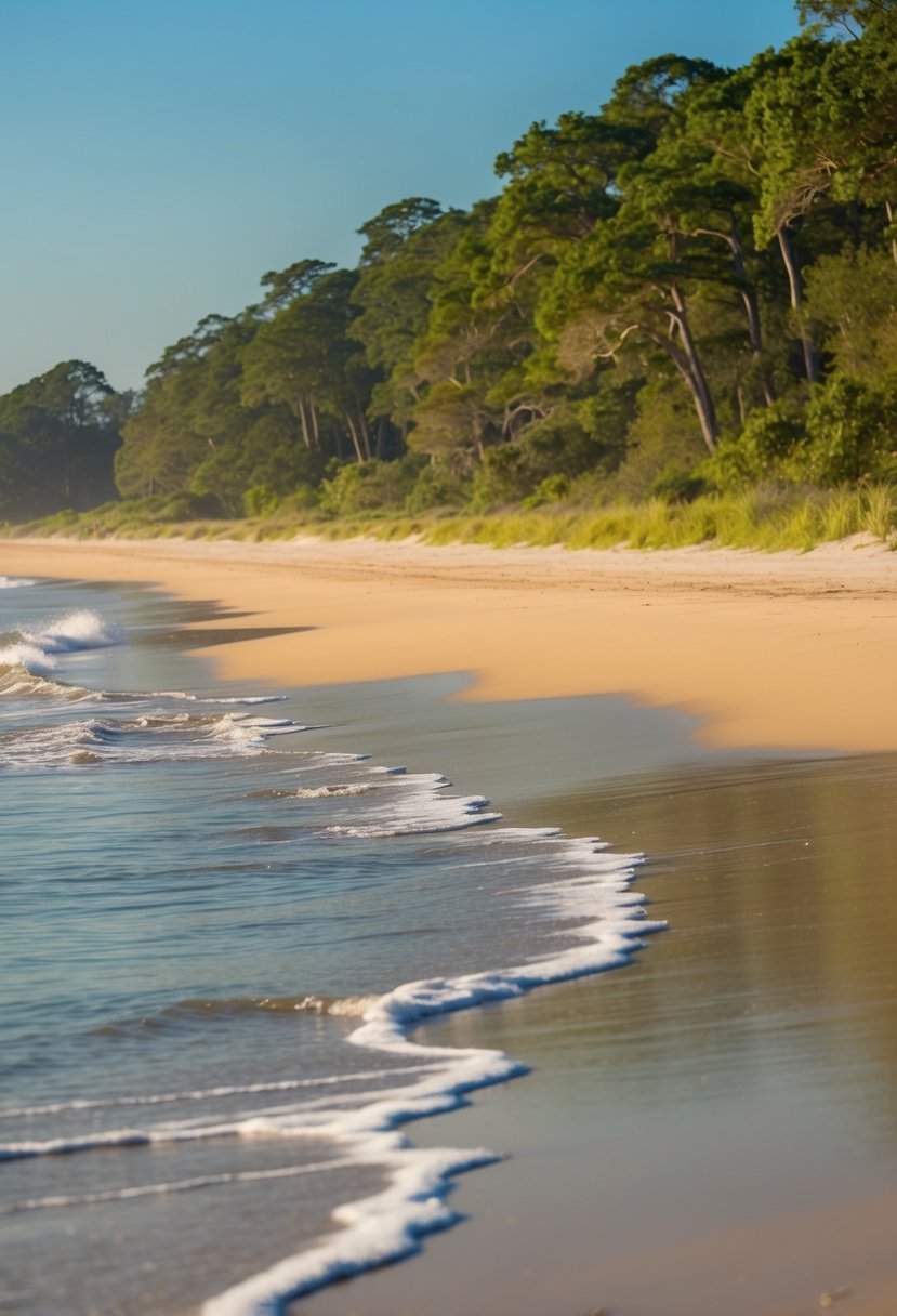 A serene Carolina Beach with golden sands and gentle waves, surrounded by lush greenery and a clear blue sky