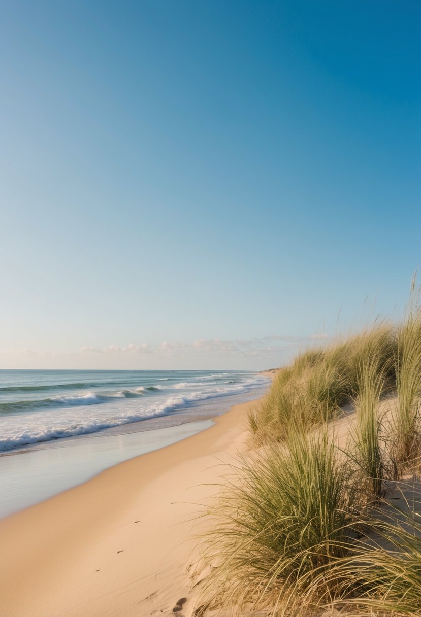 A serene beach with golden sand, gentle waves, and a clear blue sky, bordered by lush dunes and swaying sea grass