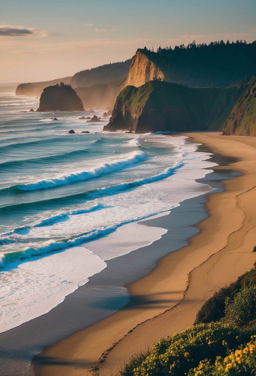 Golden sand, rolling waves, towering cliffs, and lush greenery create a picturesque scene at the 5 best beaches in Oregon