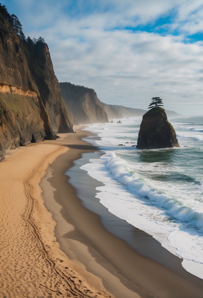 Golden sand stretches along the rugged coastline, framed by towering cliffs and the iconic Haystack Rock. The crashing waves create a picturesque scene at Cannon Beach, one of Oregon's top beaches