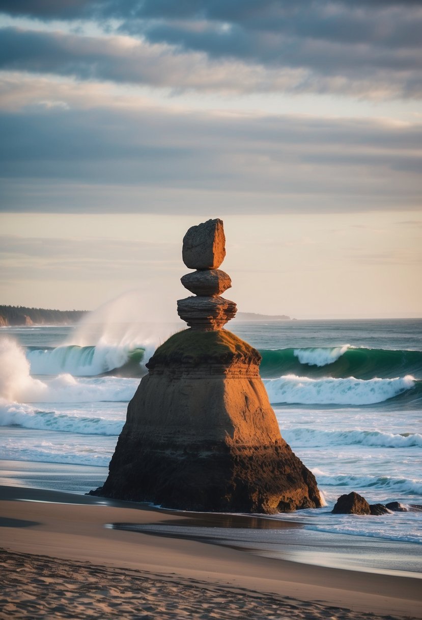 A majestic Haystack Rock rises from the sandy shore, surrounded by the crashing waves of one of Oregon's top beaches