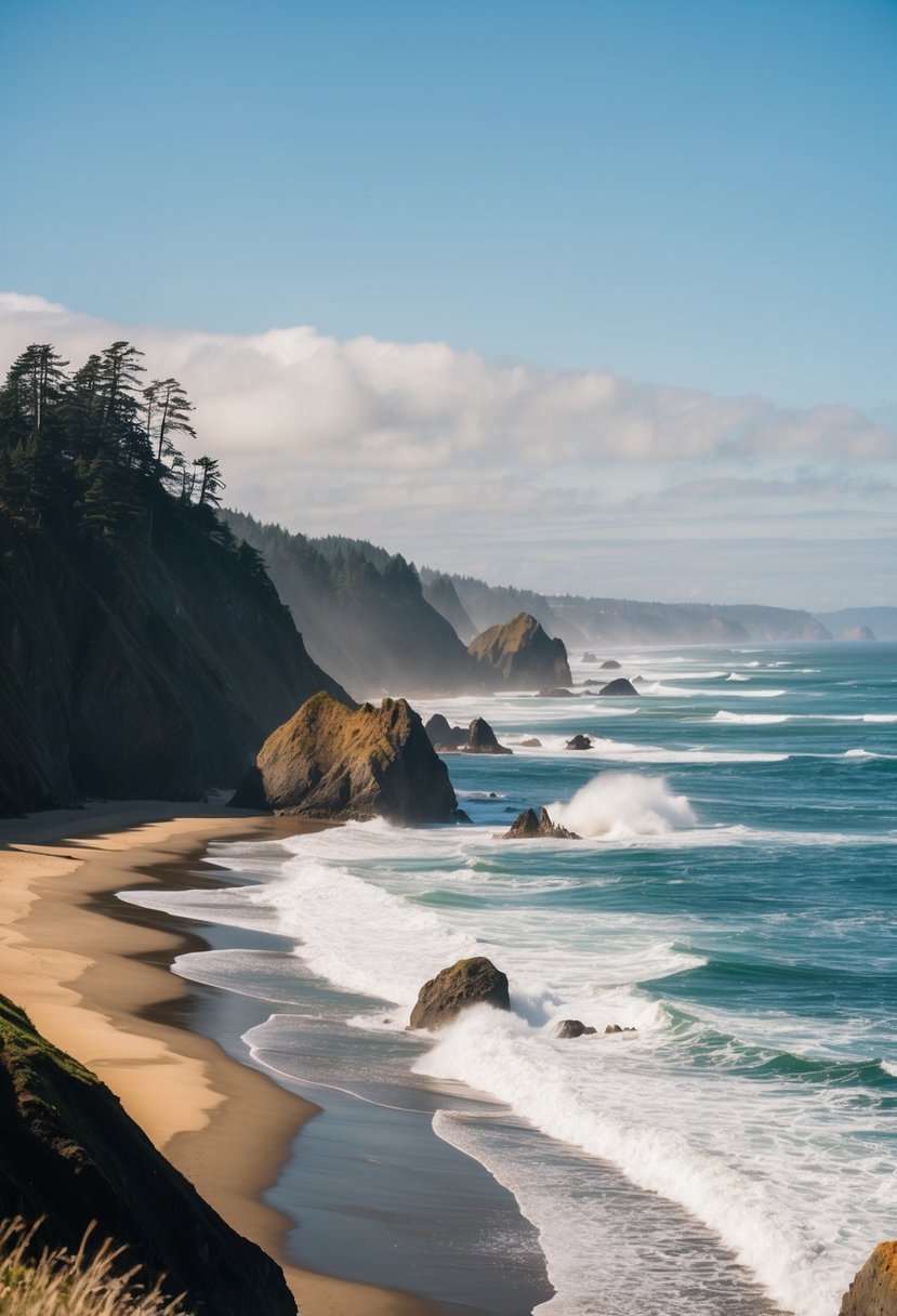 A serene coastline with rocky cliffs, golden sands, and crashing waves at Ecola State Park, showcasing the 5 best beaches in Oregon