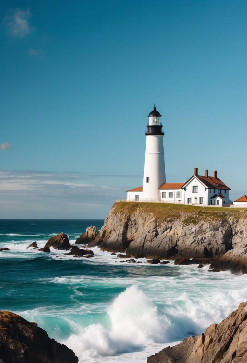 A picturesque beach with a towering lighthouse, surrounded by rocky cliffs and crashing waves, under a clear blue sky