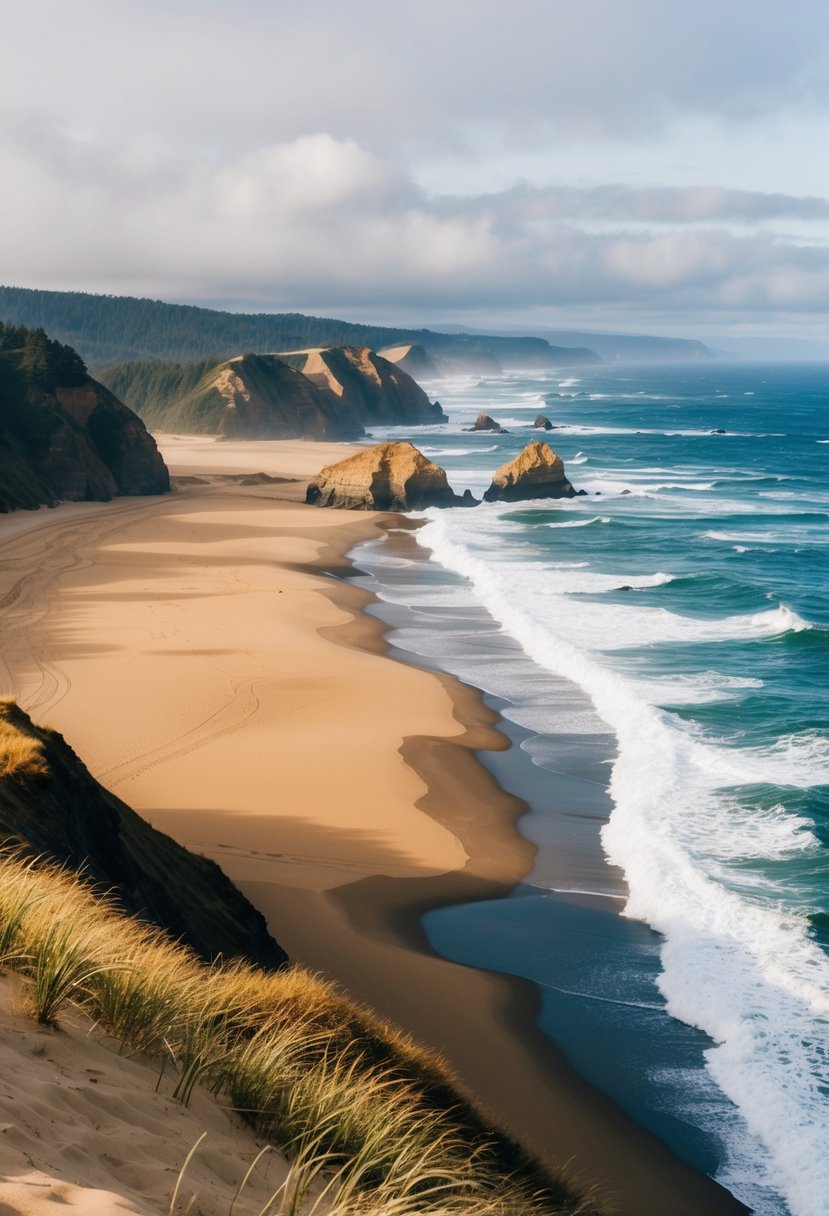 Golden sand dunes meet rugged cliffs at Cape Kiwanda, with crashing waves and a dramatic coastline setting the scene for one of Oregon's top beaches