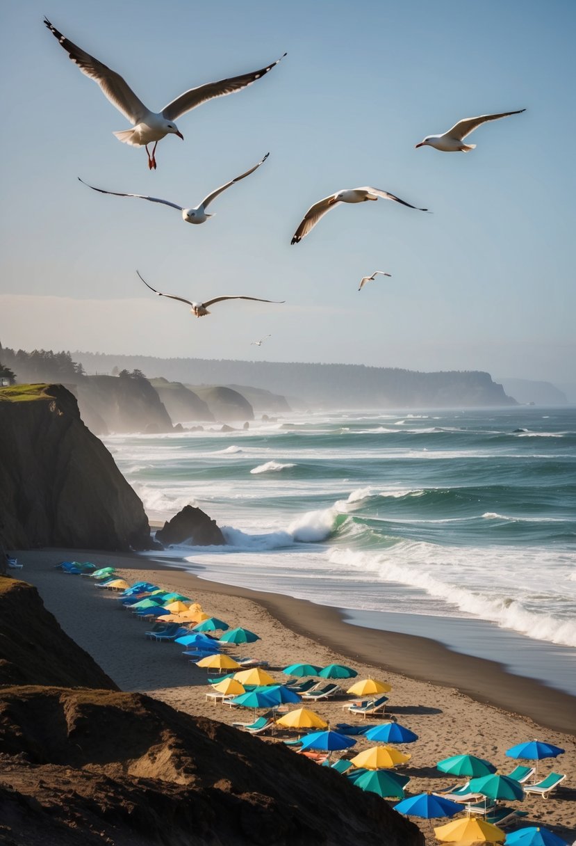 Waves crash against rugged cliffs, seagulls soar overhead, and colorful beach umbrellas dot the sandy shores of Oregon's top 5 coastal beaches