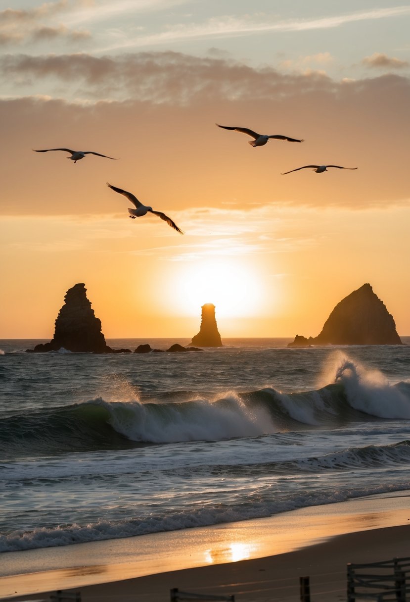 The sun sets over a rugged coastline, waves crashing onto sandy shores. Seagulls soar above, while sea stacks rise from the water