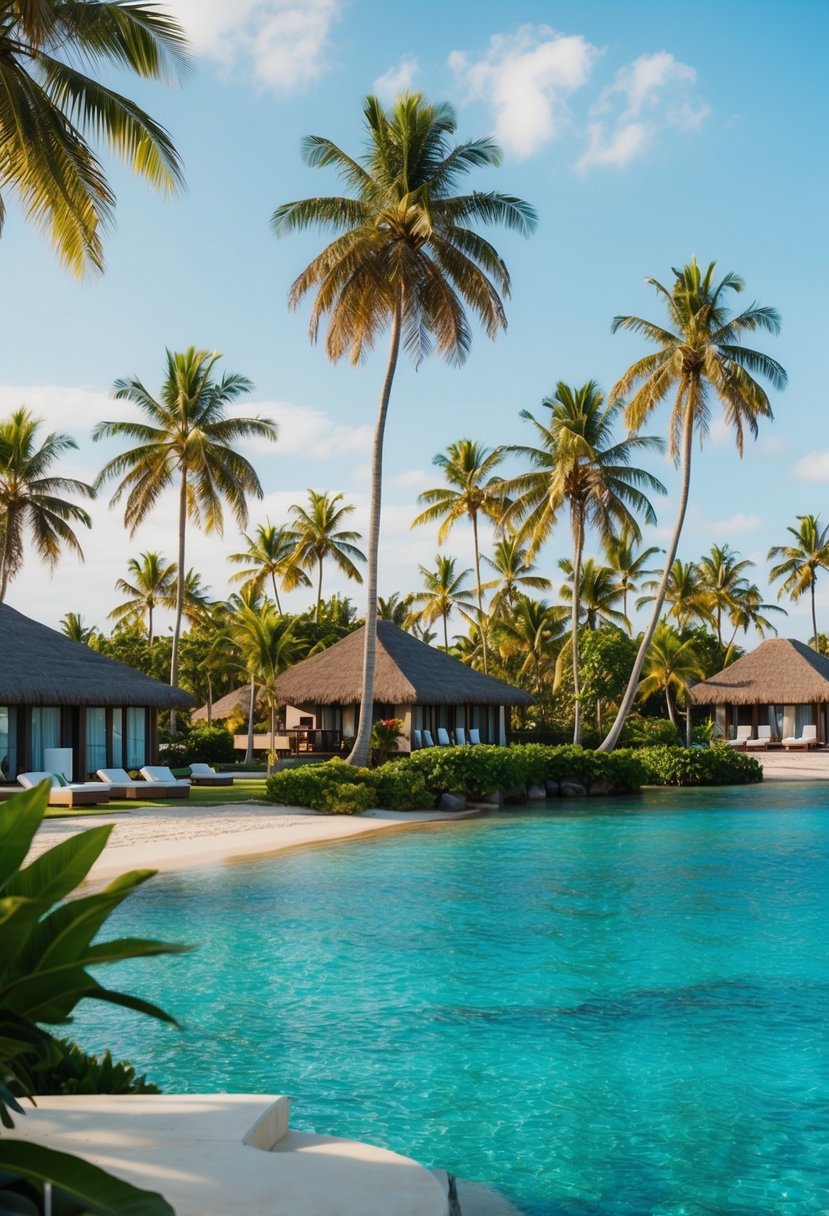 A luxurious beachfront resort with palm trees, crystal-clear waters, and elegant villas nestled among lush tropical gardens
