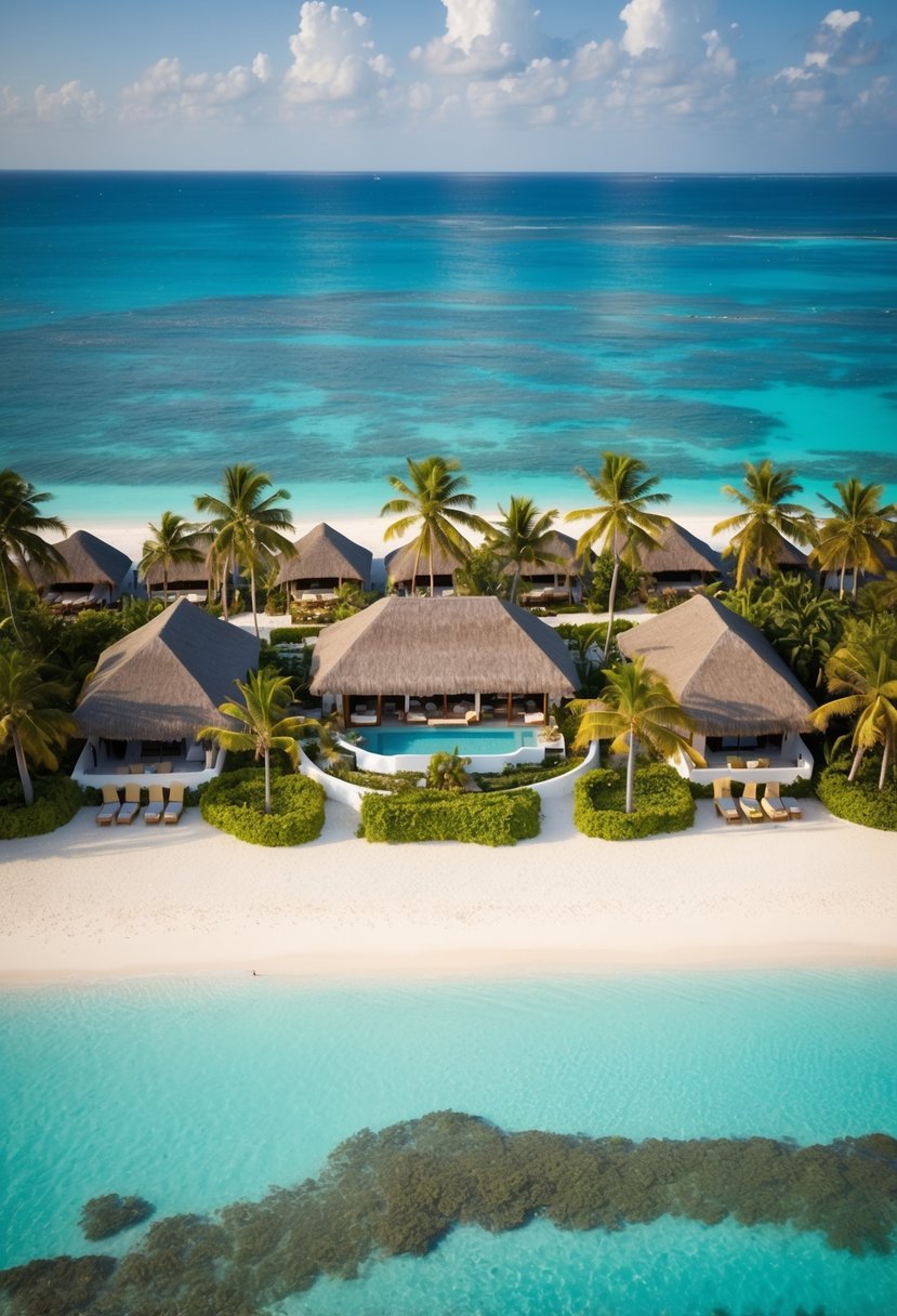Aerial view of Zuri Zanzibar Hotel, with palm trees, crystal-clear waters, and luxurious villas lining the pristine beach