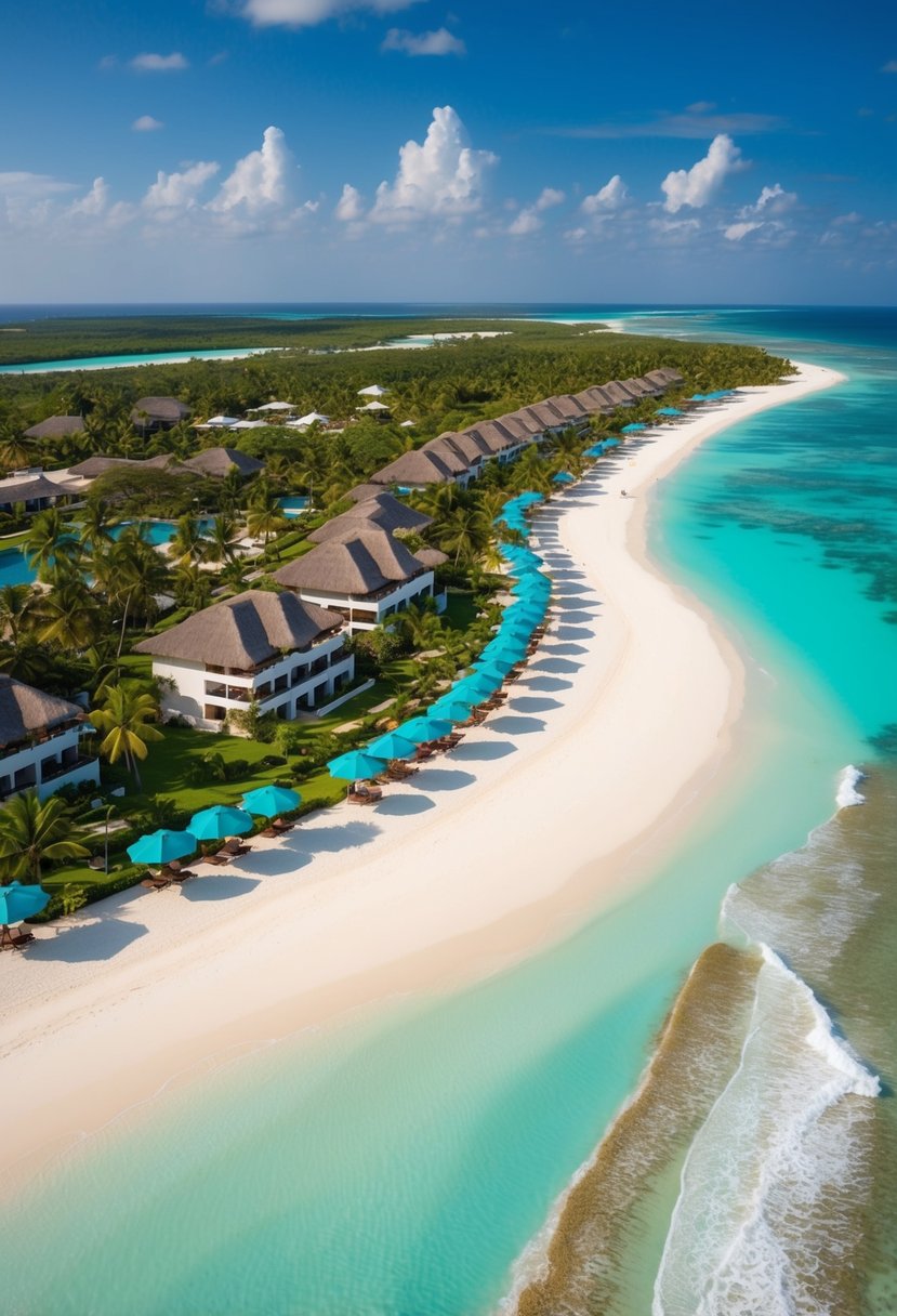 Aerial view of Zanzibar resorts nestled along white sandy beaches and turquoise waters, surrounded by lush tropical gardens and palm trees
