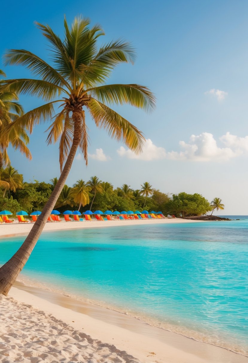 A serene beach resort in Zanzibar with palm trees, white sand, crystal-clear waters, and colorful umbrellas lining the shore