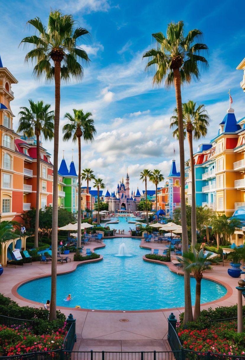 A family of five enjoys the amenities of a Disney World resort, surrounded by colorful buildings, palm trees, and a sparkling pool