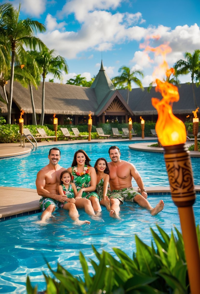 A family of five enjoys the tropical-themed pool area at Disney's Polynesian Village Resort, surrounded by lush greenery and tiki torches