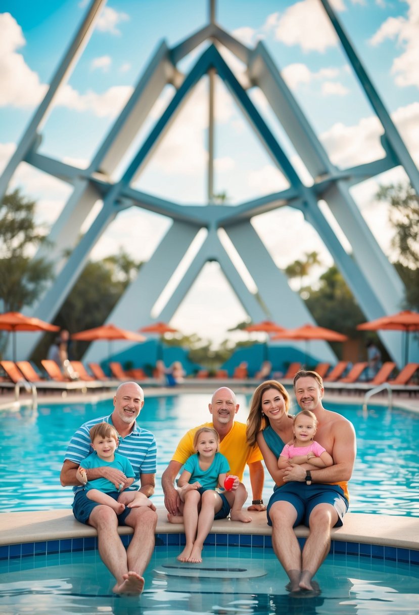 A family of five enjoys the pool at Disney's Contemporary Resort, with the iconic A-frame architecture in the background