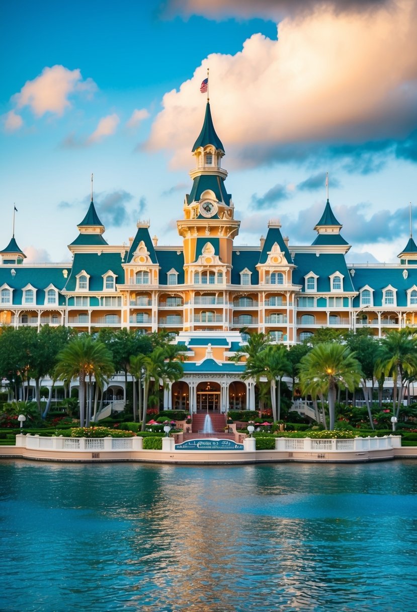A picturesque view of Disney's Grand Floridian Resort & Spa, with its iconic Victorian architecture and lush gardens, nestled alongside the sparkling waters of Seven Seas Lagoon
