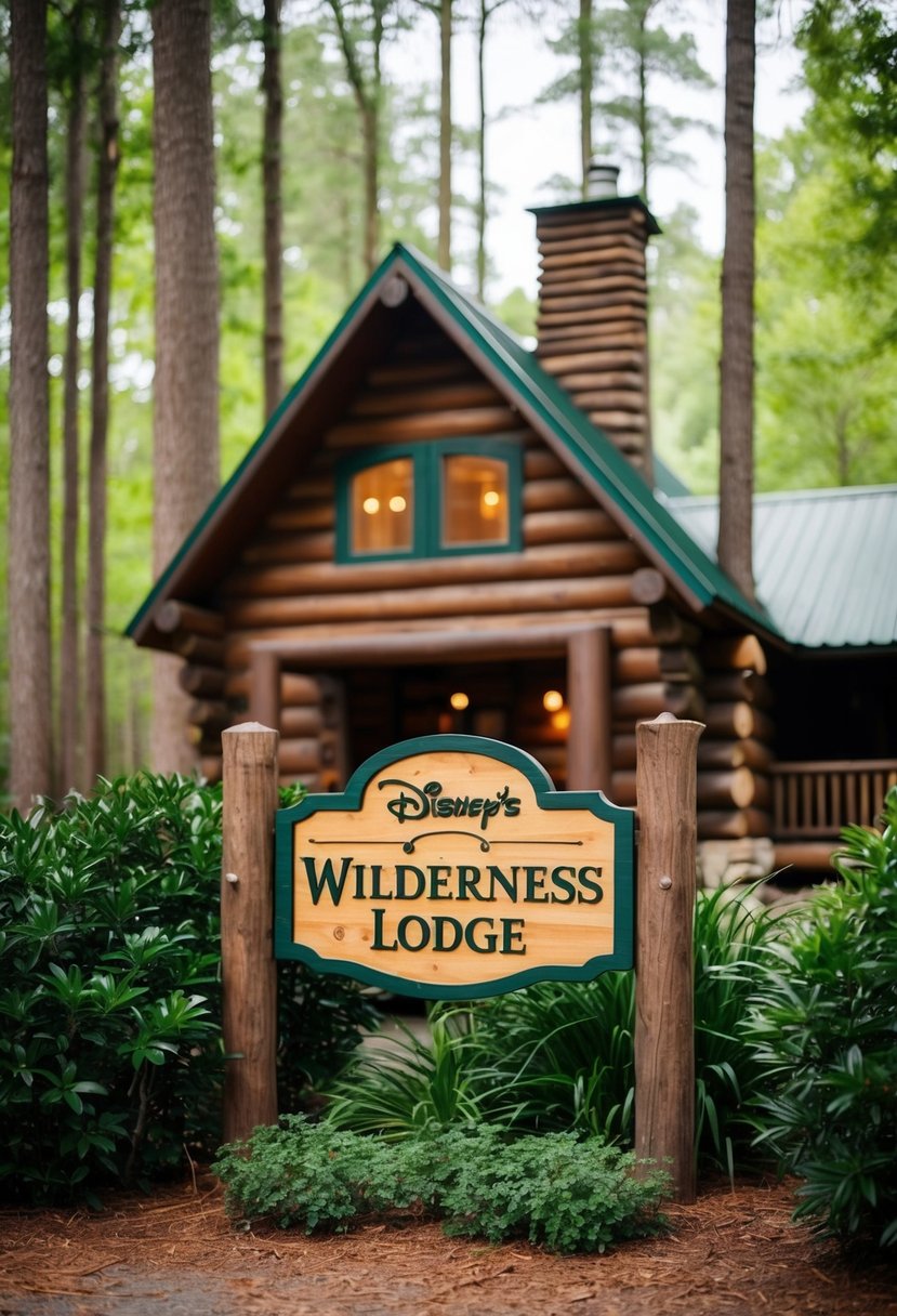 A cozy log cabin nestled in a lush forest, with a rustic wooden sign reading "Disney's Wilderness Lodge" at the entrance