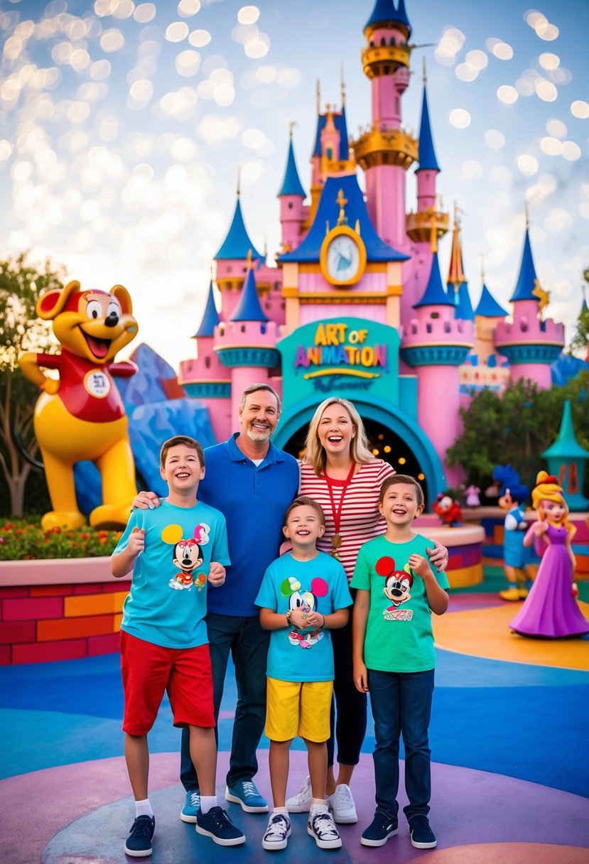 A family of five enjoys the colorful and whimsical surroundings of Disney's Art of Animation Resort, with iconic Disney characters and playful decor