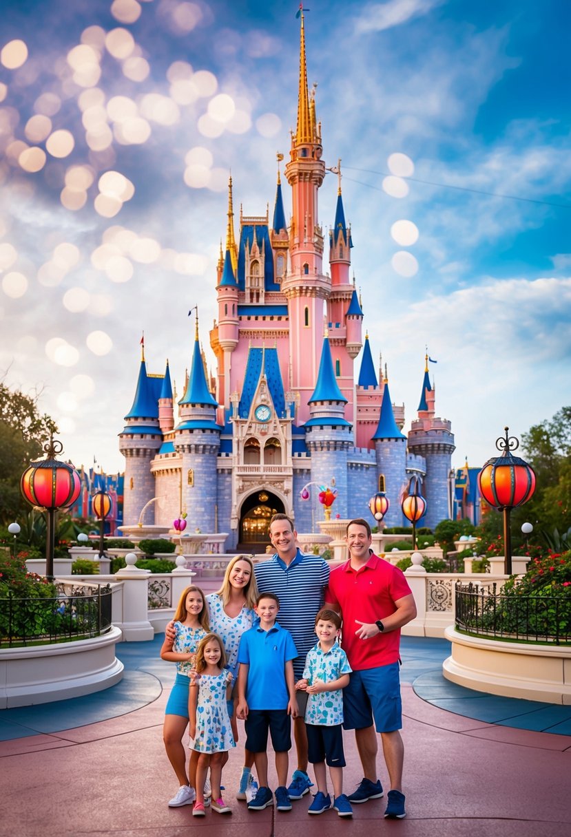 A family of 5 enjoys a magical day at Disney World, surrounded by the enchanting architecture and lush greenery of one of the 7 best Disney World resorts