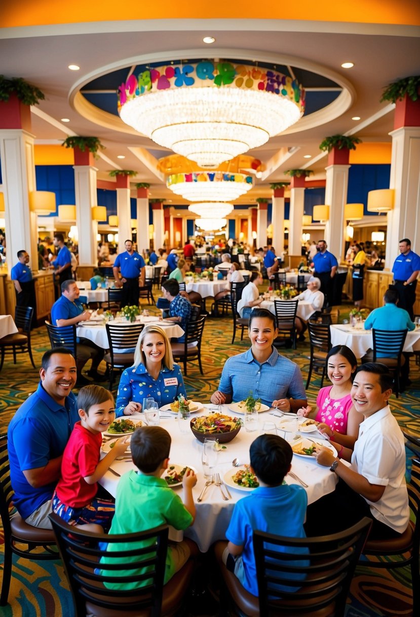 A bustling Disney World resort with a large dining area filled with tables and chairs, families of five enjoying meals together, surrounded by colorful decor and cheerful staff