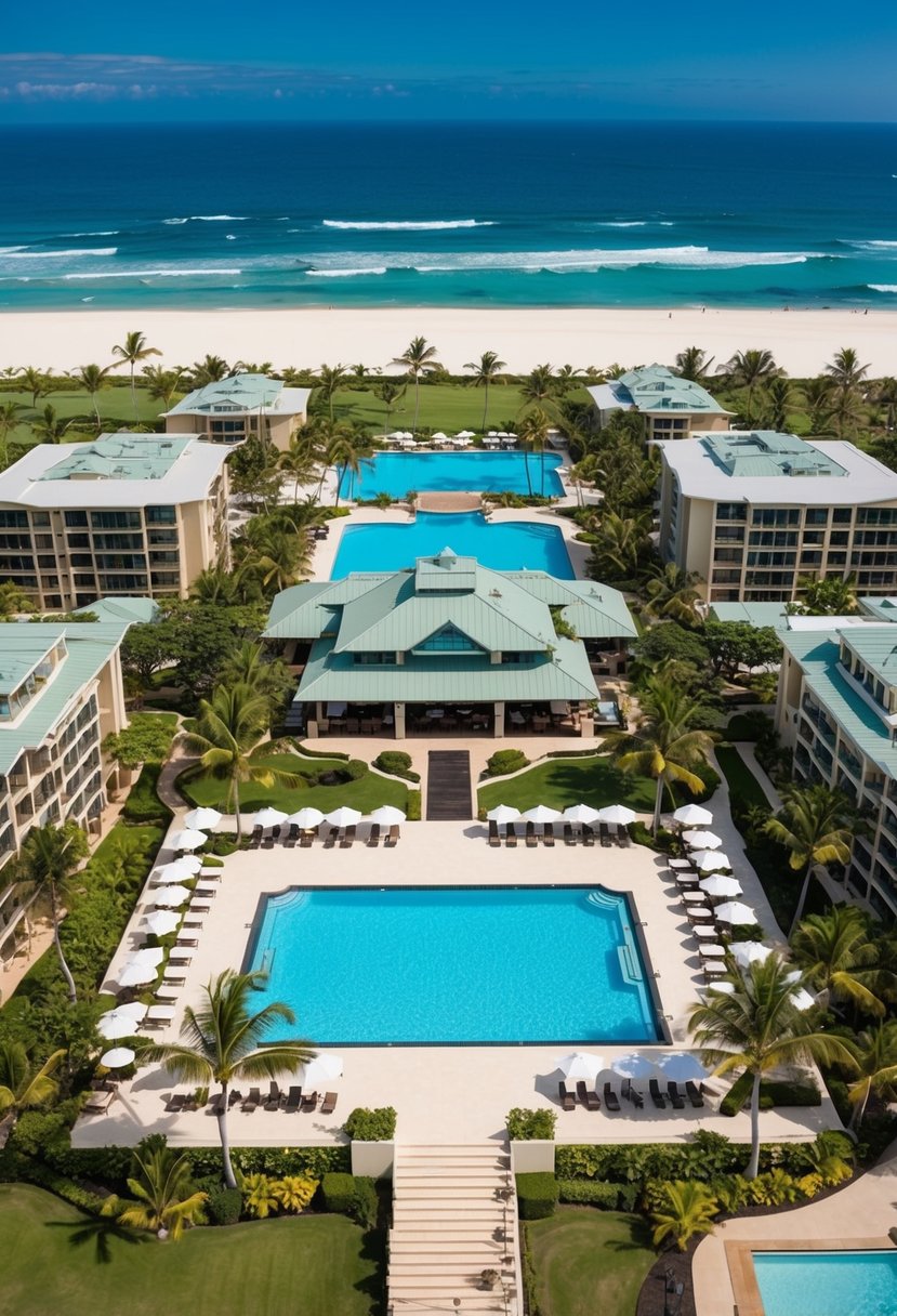 Aerial view of 5 luxury resorts in Oahu, each with palm-lined pools, white sand beaches, and scenic ocean views
