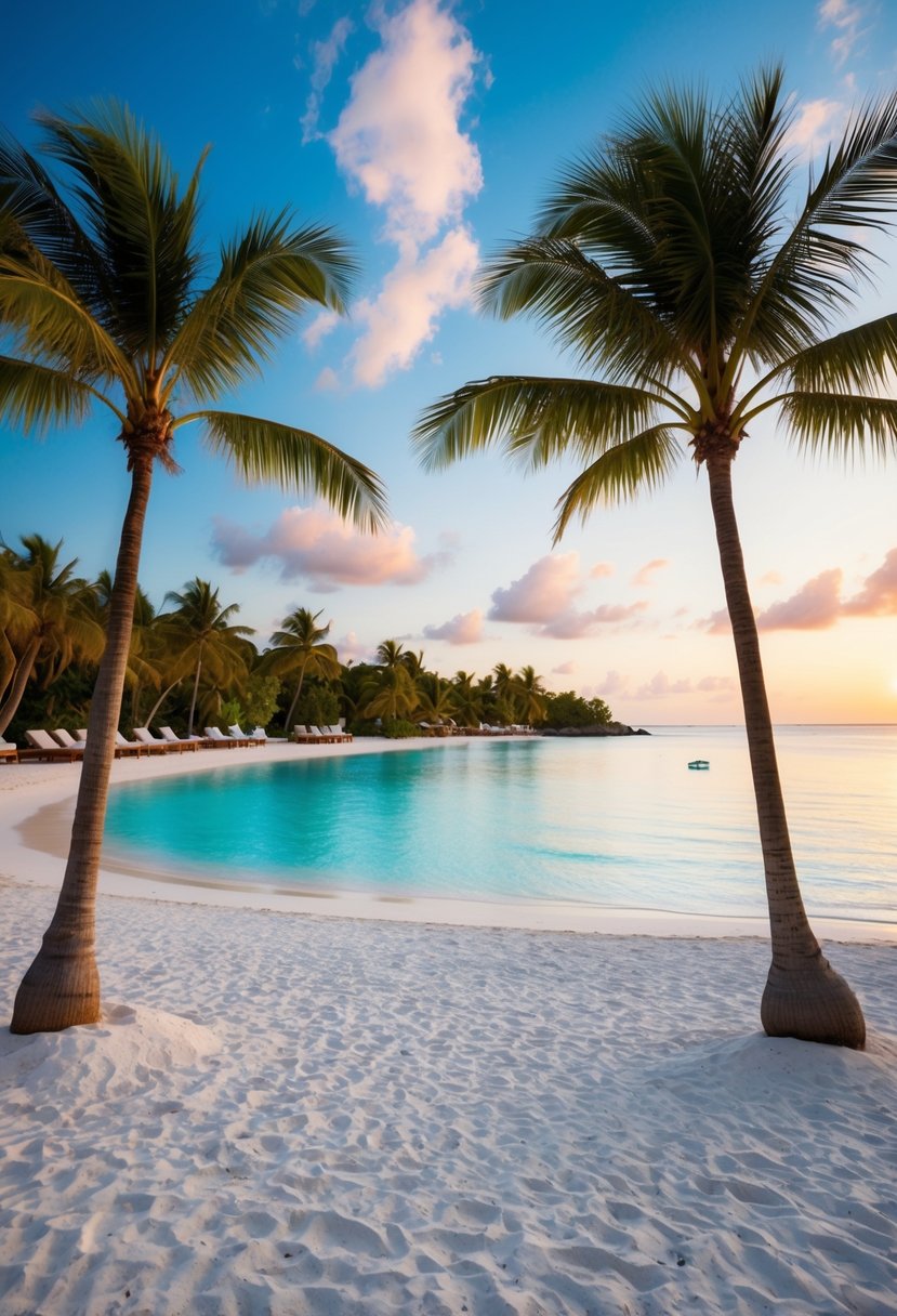 A luxurious beachfront resort with palm trees, pristine white sand, crystal clear waters, and stunning sunset views