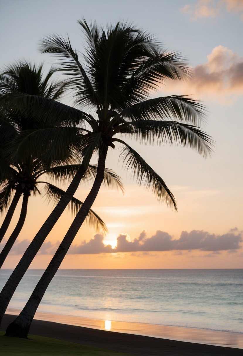 Palm trees sway in the gentle breeze as the sun sets over the pristine beach, casting a warm glow on the luxurious Aulani Resort and Spa