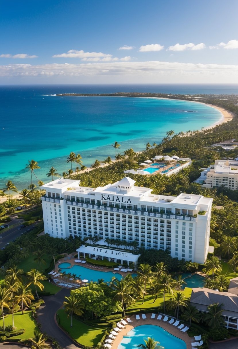 Aerial view of the Kahala Hotel & Resort nestled among palm trees and overlooking the crystal-clear waters of Oahu's coastline