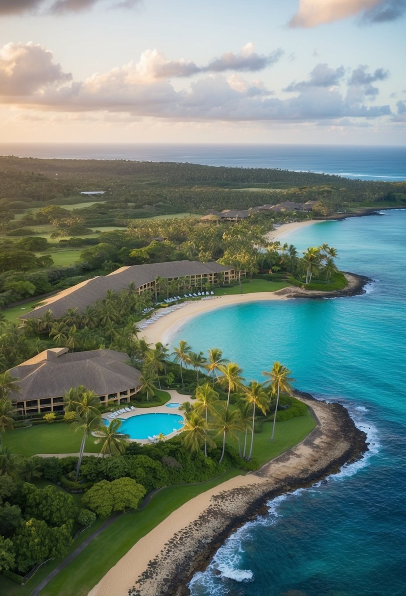 Aerial view of Turtle Bay Resort on the northeastern coast of Oahu, with lush greenery, palm trees, and a sparkling blue ocean