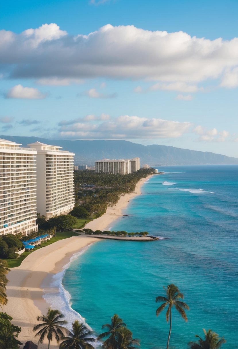 The Ritz-Carlton Residences, Waikiki Beach: A luxurious resort nestled against the sparkling blue waters of Oahu, with palm trees swaying in the gentle ocean breeze