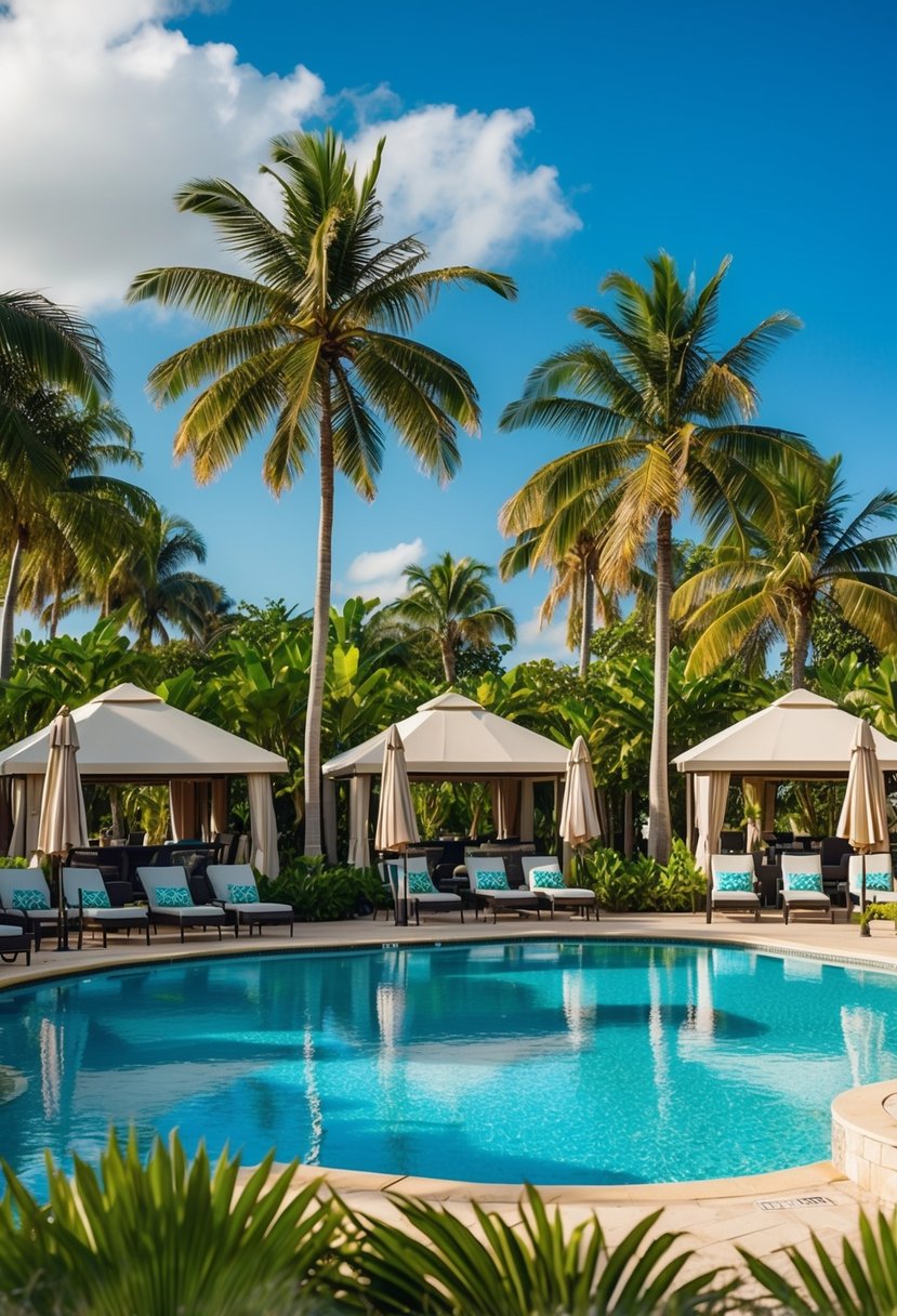 A lush tropical pool area with palm trees, cabanas, and a sparkling blue pool surrounded by loungers and umbrellas. A tiki bar and outdoor dining area are nearby