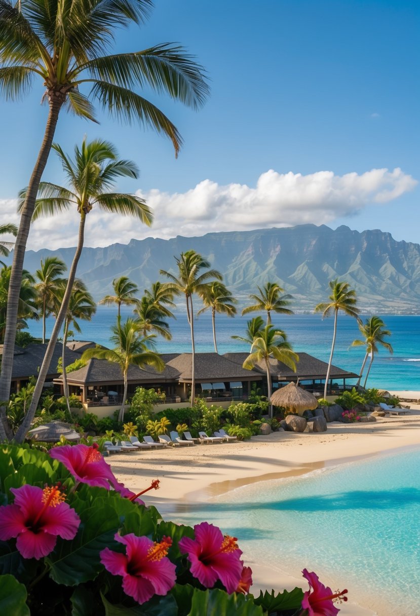A picturesque beachfront resort in Oahu, surrounded by lush palm trees and vibrant hibiscus flowers, with a backdrop of crystal clear waters and a majestic mountain range in the distance
