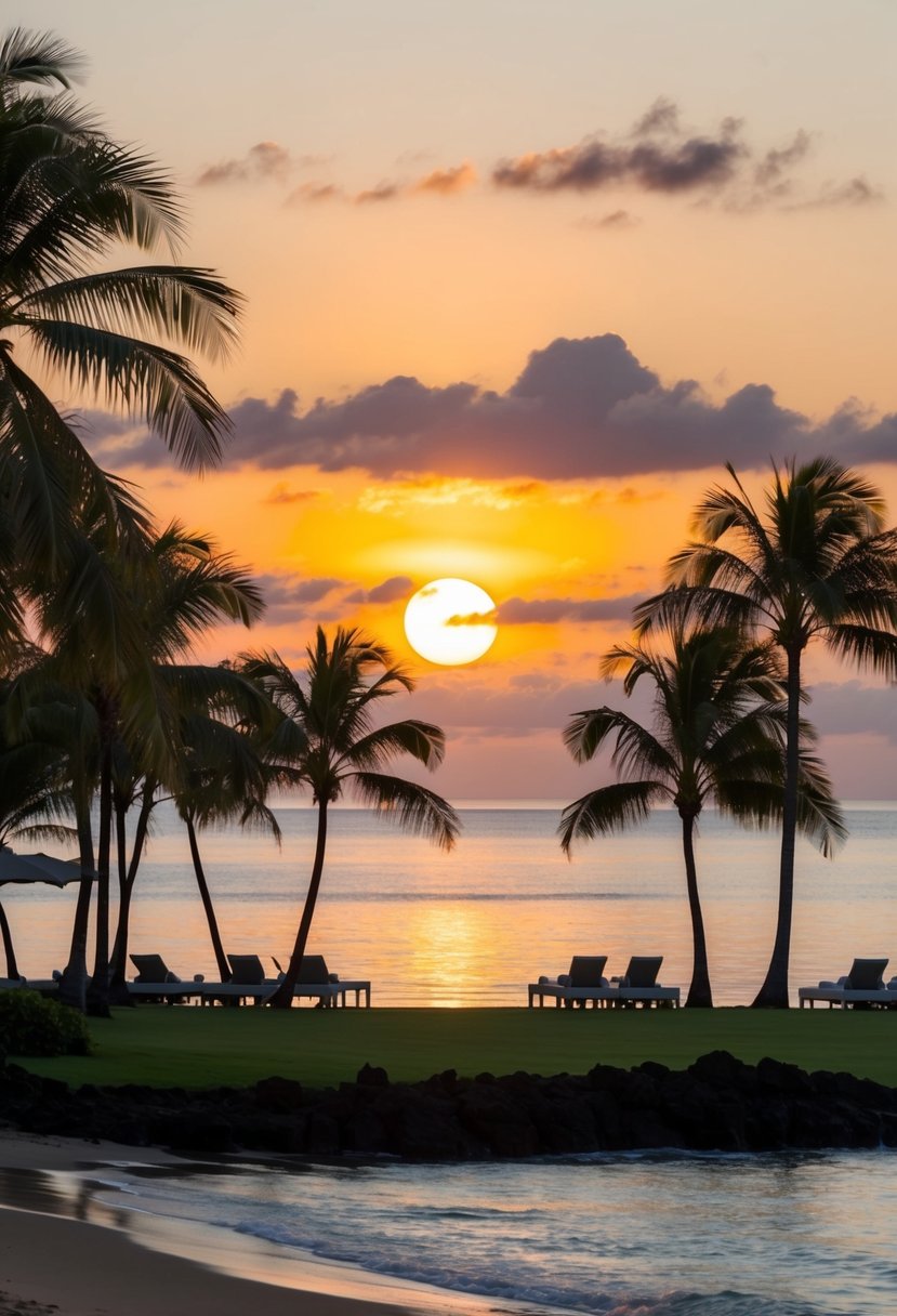 The sun setting over a serene beach with palm trees and luxurious resorts lining the shore, creating a picturesque scene for the best times to visit Oahu