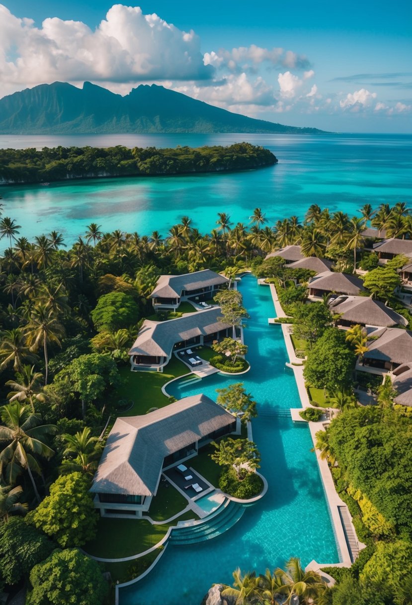 Aerial view of 5 luxurious resorts in Bali, nestled among lush greenery and overlooking crystal-clear waters