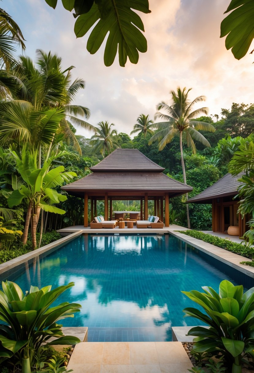 A luxurious resort nestled in lush jungle with infinity pool and traditional Balinese architecture