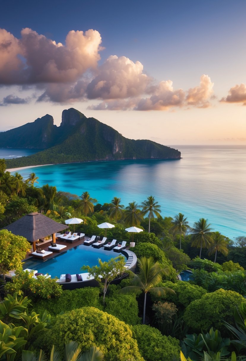 A luxurious resort nestled among lush greenery and overlooking the crystal-clear waters of Bali