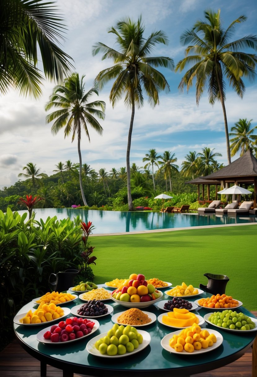 A lush tropical landscape with palm trees and a variety of colorful fruits and dishes spread out on a table near a luxurious resort in Bali