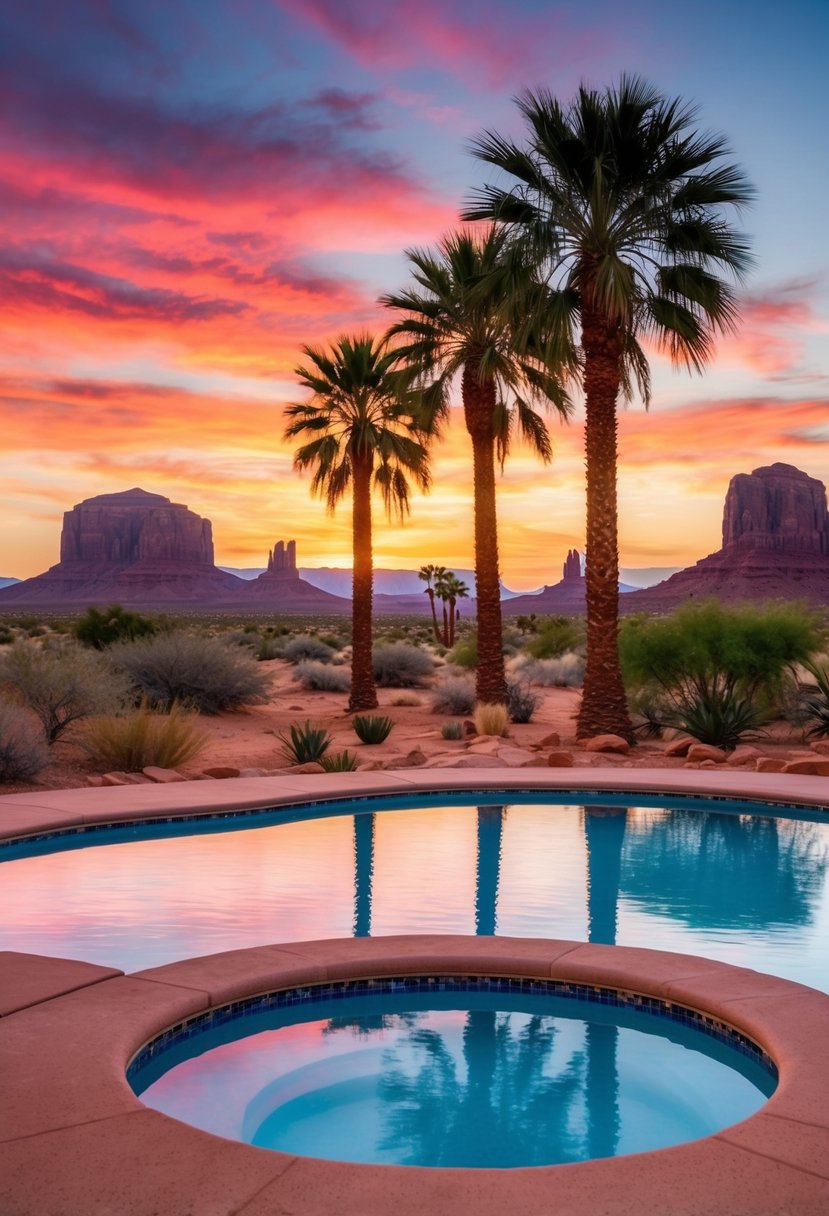 Palm trees sway by a sparkling pool with a backdrop of red rock formations and a vibrant desert sunset