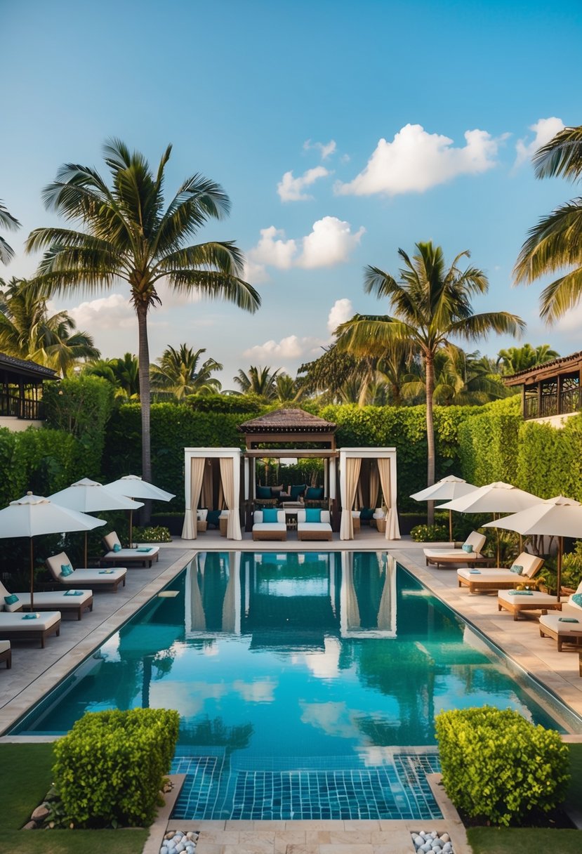 A lush poolside with cabanas, a well-equipped gym, a serene spa, a gourmet restaurant, and a vibrant outdoor bar