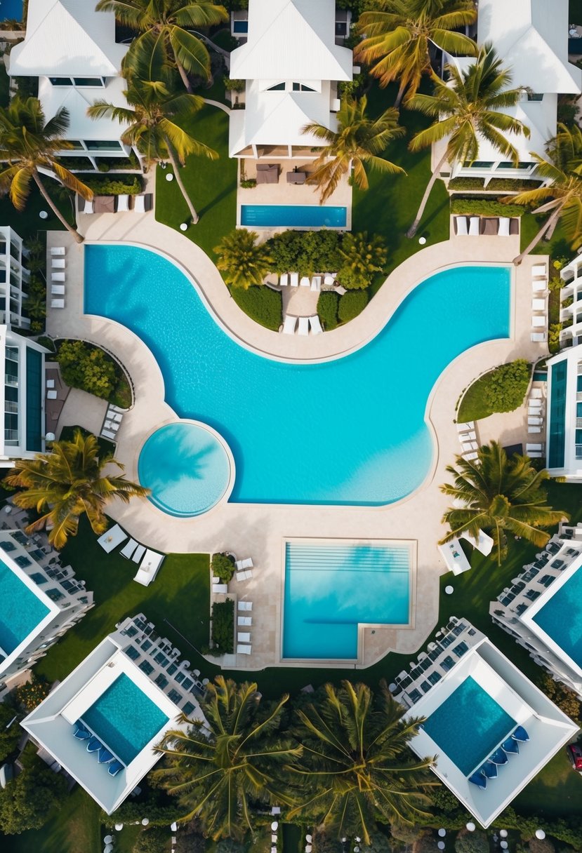 Aerial view of 5 luxurious beachfront resorts with infinity pools, palm trees, and white sandy beaches