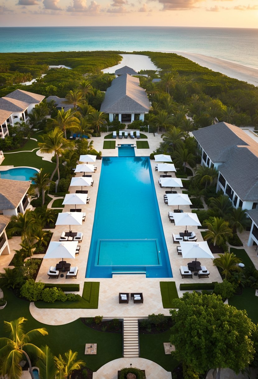 Aerial view of Excellence Playa Mujeres resort with lush gardens, pristine pools, and luxurious beachfront villas