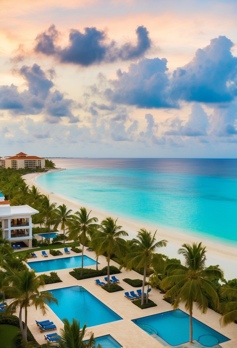 Aerial view of Excellence Riviera Cancun, with palm-lined pools and luxurious beachfront villas