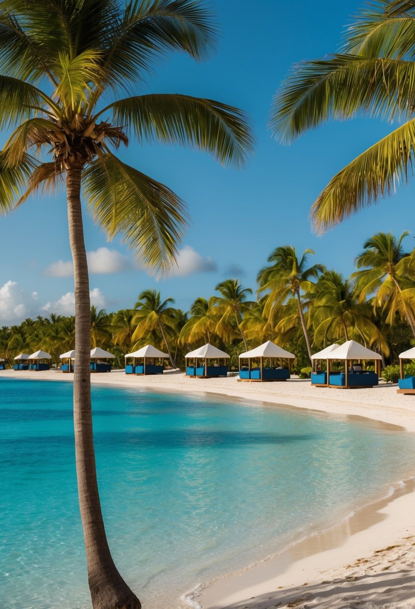 A serene beach with palm trees, crystal-clear waters, and luxurious cabanas at Excellence Punta Cana, one of the best excellence resorts