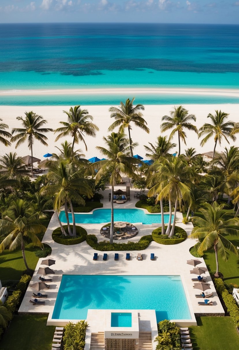 Aerial view of Excellence El Carmen resort with palm trees, white sandy beach, turquoise ocean, and luxurious pool area